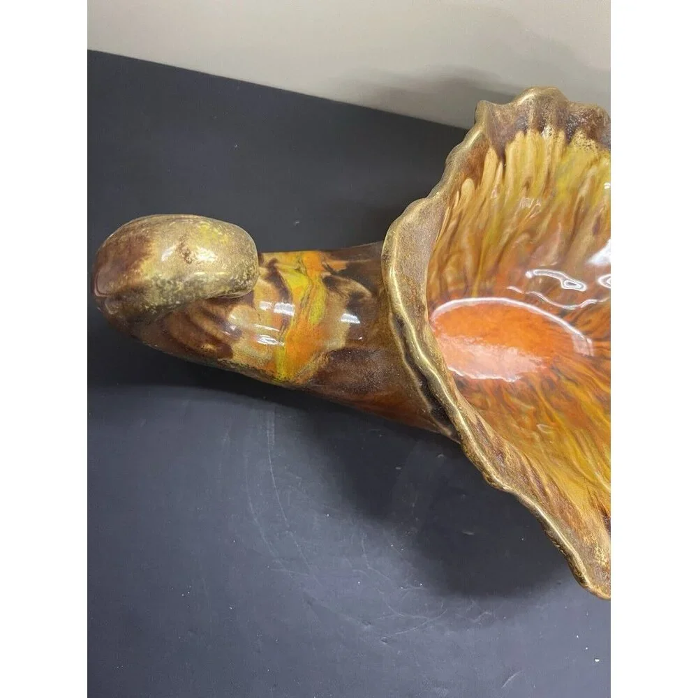 Large Vintage Vase Ceramic Horn Of Plenty Cornucopia MCM Drip Glaze Orange Brown - Picture 2 of 12